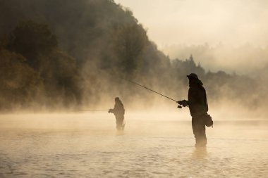 Erkekler nehir sinek çubuk ile yaz sabahı sırasında Balık tutma. Güzel sis.
