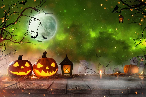 Halloween Pumpkins Dark Spooky Forest Blue Fog Background — Stock Photo, Image