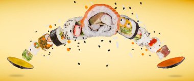 Havada donmuş lezzetli Japon suşisi parçaları..