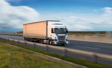 Yolda konteynır taşıyan kamyon, kargo taşımacılığı konsepti.