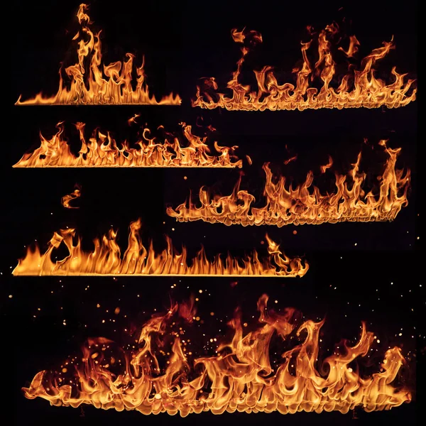 Brand vlammen collectie geïsoleerd op zwart. — Stockfoto