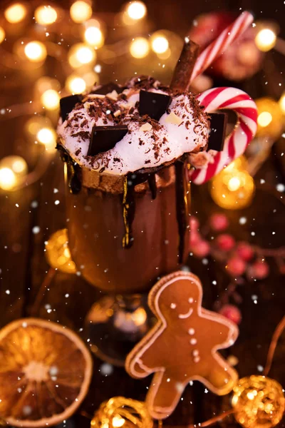 Kopp Med Varm Choklad Och Marshmallows Gamla Träbord Christmas Sammansättning — Stockfoto