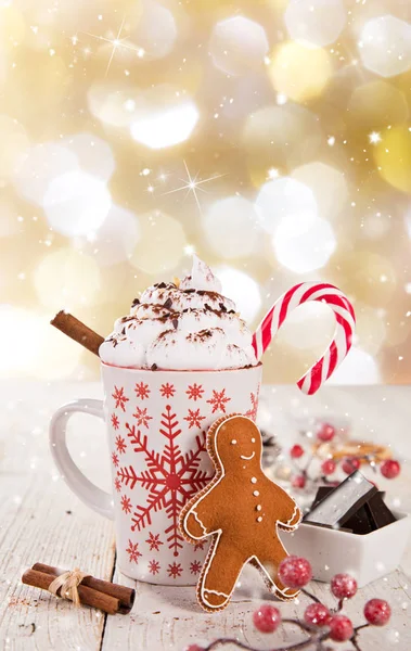 Coupe Noël Avec Chocolat Chaud Crème Fouettée Boisson Chaude Hiver — Photo