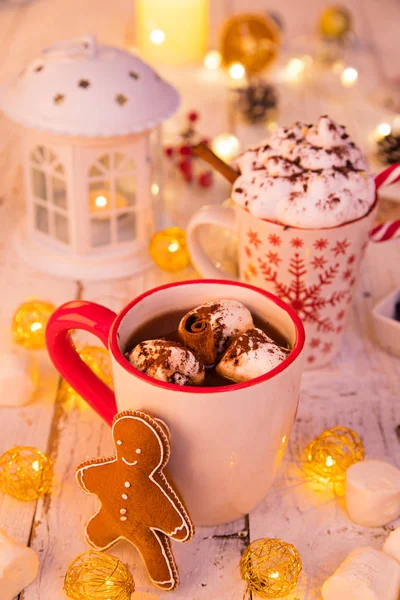 Copo Com Chocolate Quente Marshmallows Velha Mesa Madeira Composição Natal — Fotografia de Stock