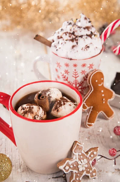 Copo Com Chocolate Quente Marshmallows Velha Mesa Madeira Composição Natal — Fotografia de Stock