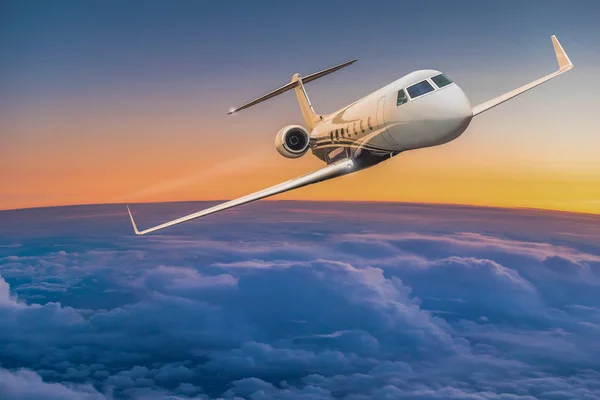 Private jet plane flying above dramatic clouds. — Stock Photo, Image