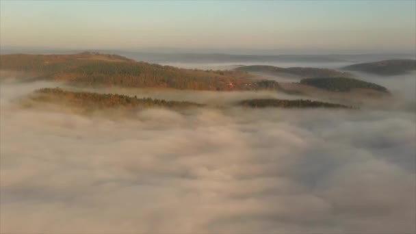 Mgliste chmury nad jesień lasy, antenowe. — Wideo stockowe