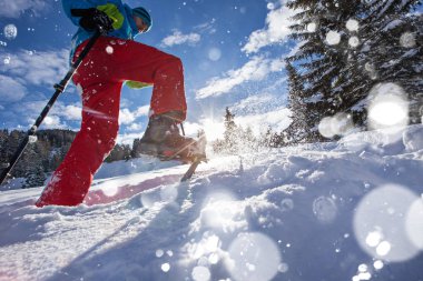 Kar ayakkabılarını adam ile güneşli kış manzarası.