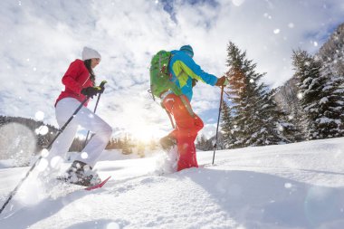 Snowshoe walkers running in powder snow with beautiful sunrise light. clipart