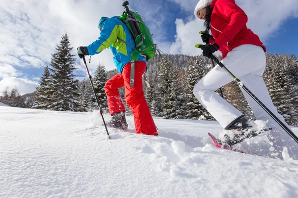 Caminantes de raquetas de nieve corriendo en polvo nieve con hermosa luz del amanecer . —  Fotos de Stock