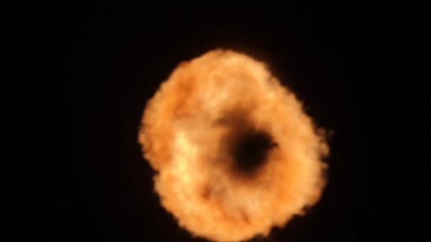 Fire ball explosion, high speed camera, isolated fire flame on black background. — Stock Video