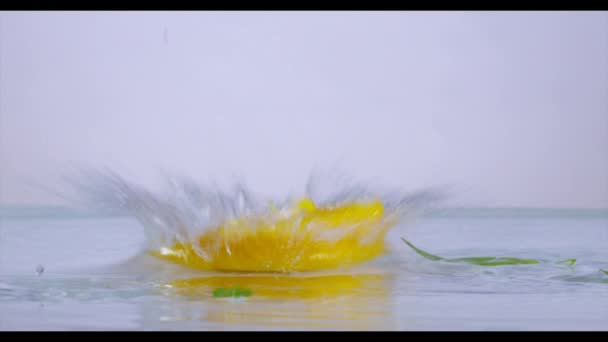 Zitronenscheiben Die Ins Wasser Fallen Zeitlupe Nahaufnahme — Stockvideo