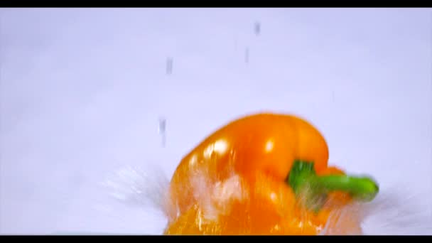 胡椒粉在水中掉落和飞溅. — 图库视频影像