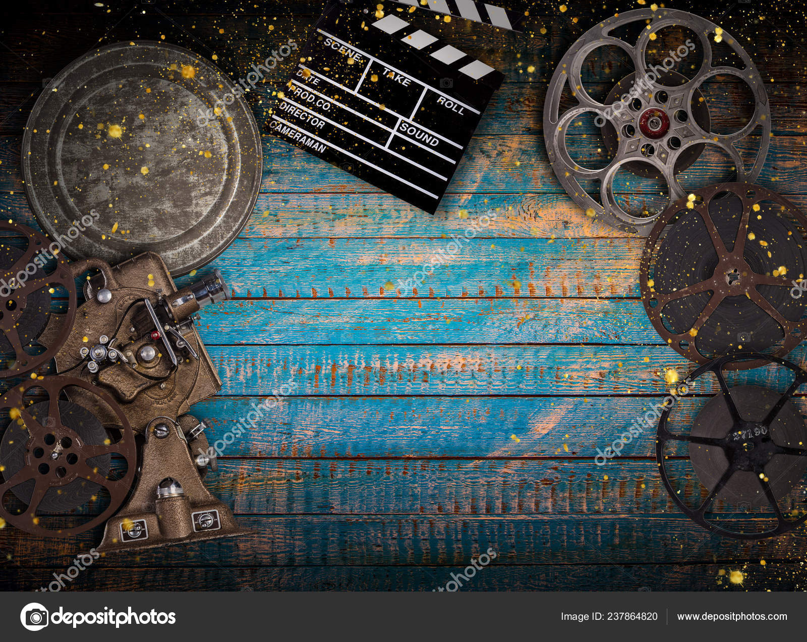 Cinema concept of vintage film reels, clapperboard and projector. — Stock  Photo © Kesu01 #237864820