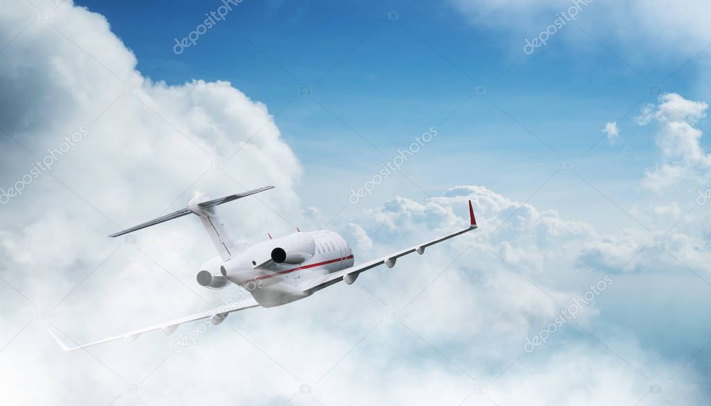 Small private jetplane flying above beautiful clouds.