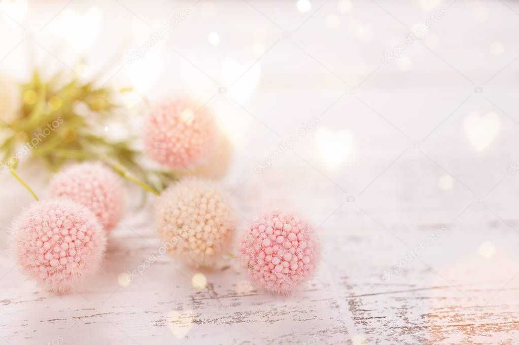 Flowers composition for Valentines, Mothers or Womens Day. Pink flowers on old white wooden background.