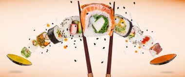 Havada donmuş lezzetli Japon suşisi parçaları..