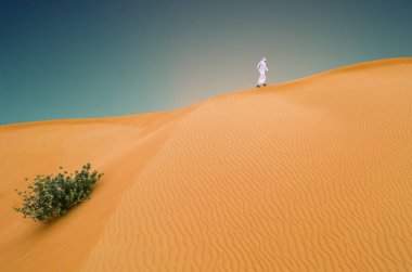 Arap adam çölde geleneksel Emirlikleri giysileri ile.