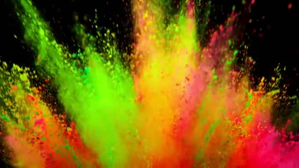 Färgglada pulver exploderar på svart bakgrund i super slow motion. — Stockvideo