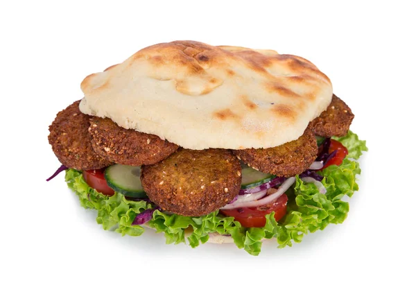 Falafel with fresh vegetables in pita bread on white. — Stock Photo, Image