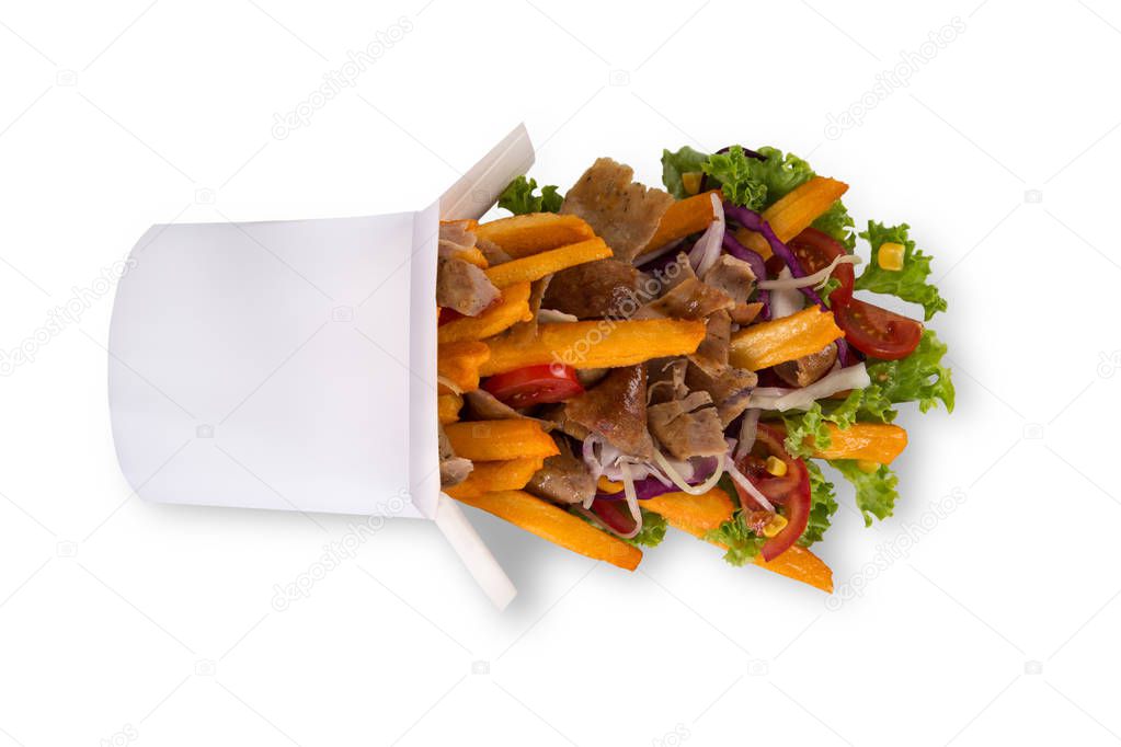 Turkish Kebab box with french fries on white background.