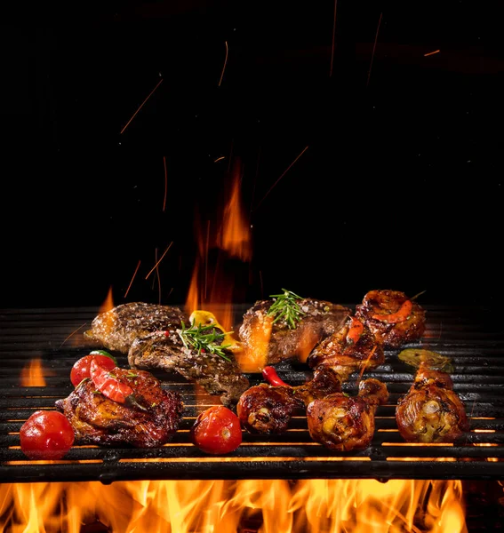 Patas de pollo, alas y filetes en la parrilla . — Foto de Stock