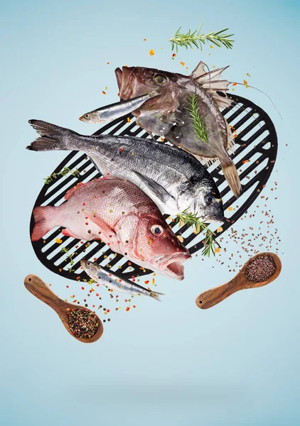 Flying raw sea fish with ingredients for cooking. Food preparation concept — Stock Photo, Image