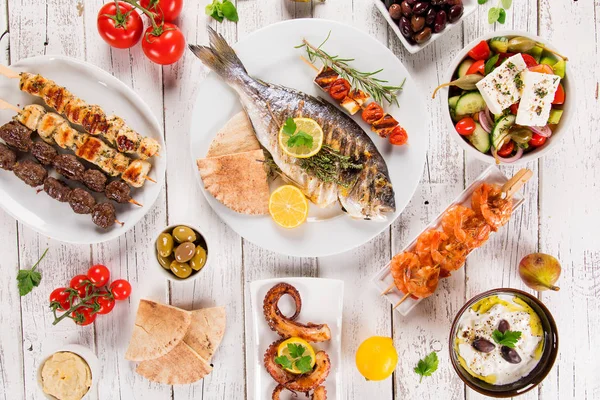 Greek food background. Traditional different greek dishes , top view.