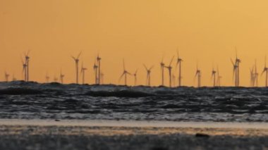 Baltık denizinde gün batımı sırasında offshore rüzgar çiftliği.