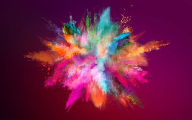 Colored powder explosion on dark gradient background.