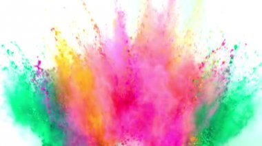 Beyaz arka planda süper yavaş çekimde renkli toz patlıyor.