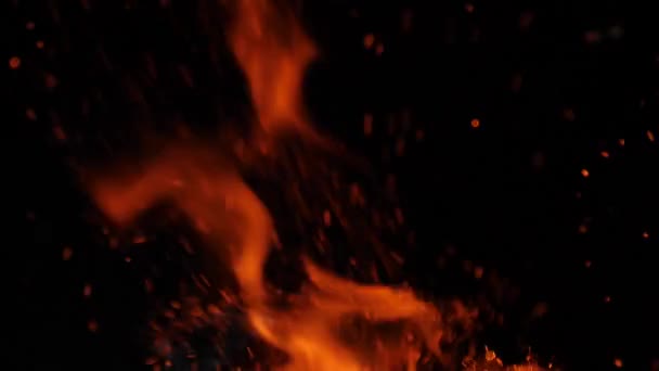 Gros plan du feu, des étincelles qui brûlent sur fond noir, au ralenti 