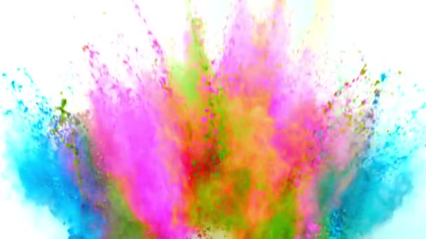 Färgglada pulver exploderar på vit bakgrund i super slow motion. — Stockvideo