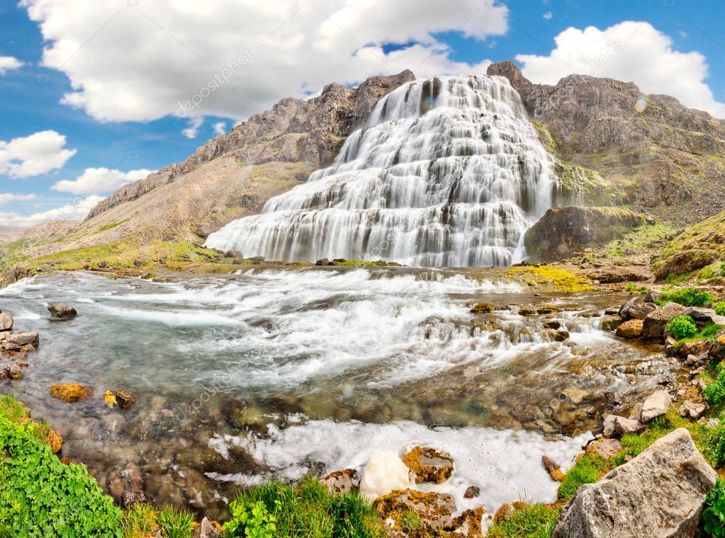 beautiful cascades of famlus Dynjandi waterfall, Westfjords, Iceland