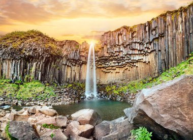Svartifoss şelalesi. Skaftafell Ulusal Parkı, Vatnajokull Buzulu, İzlanda, Avrupa.
