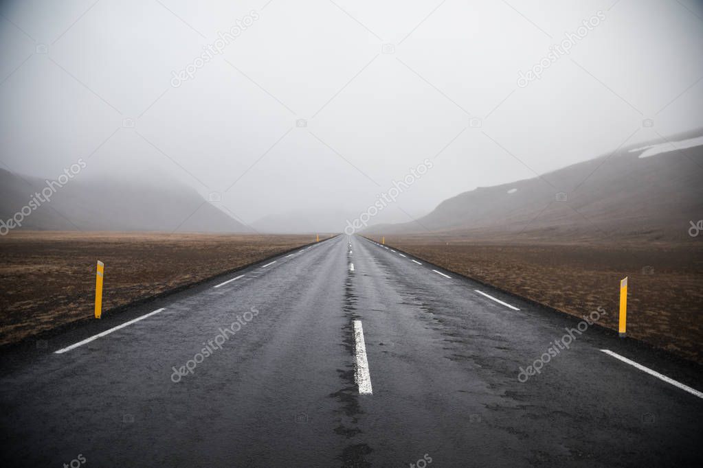 Travel to Iceland. Typical Icelandic landscape with Ring Road.