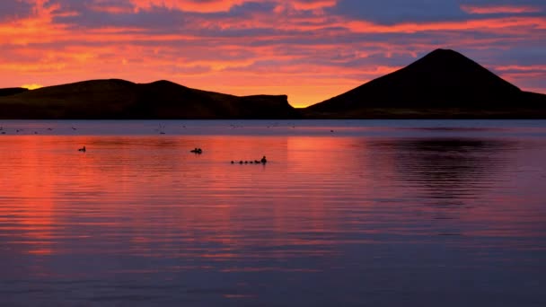 Nádherný západ slunce nad Islandskou krajinou s vulkanickými horami — Stock video