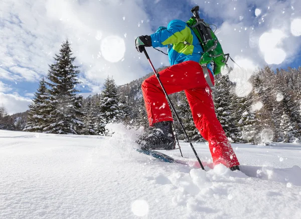 Zonnige winterlandschap met man op sneeuwschoenen. — Stockfoto