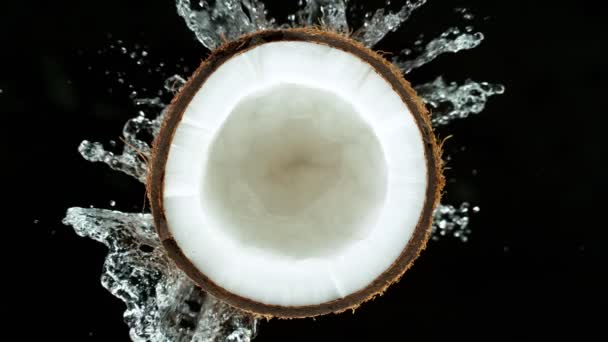 Slow Motion of Water Splash op kokosnoot — Stockvideo