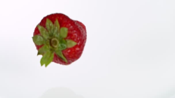 Fraises fraîches tombant avec éclaboussure d'eau dans le mouvement super lent — Video