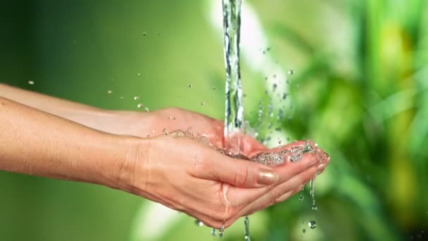 Friss víz fröccsent a nők kezére, lassított felvétel. — Stock videók