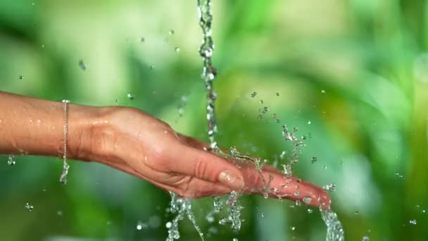 Agua dulce salpicaduras en las manos de las mujeres, cámara lenta . — Vídeos de Stock