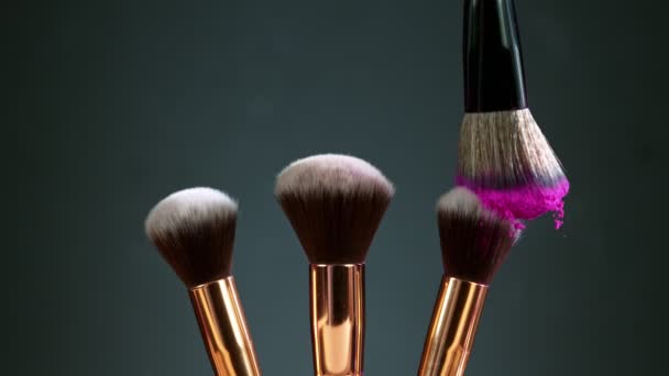 Los cepillos de maquillaje se tocan entre sí en el fondo oscuro y pequeñas partículas de cosméticos, cámara lenta. — Vídeo de stock