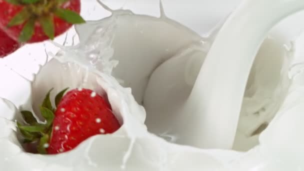 Super slow motion di fragole che cadono in crema — Video Stock