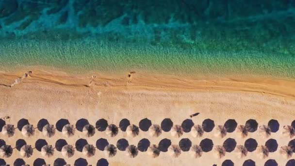 Vista aérea do mar e da praia com guarda-sóis — Vídeo de Stock