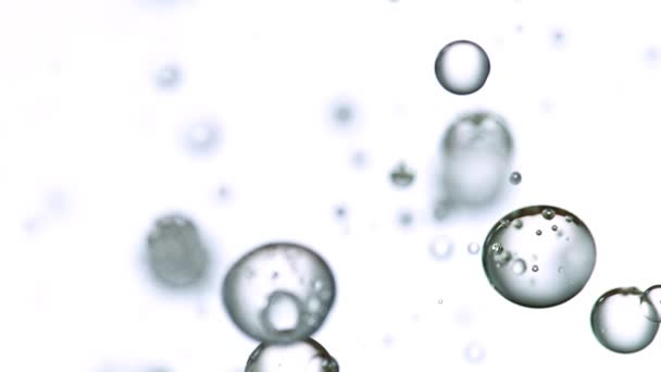 Gambar makro dari berbagai gelembung udara dalam air meningkat dalam gerakan lambat pada latar belakang biru muda — Stok Video