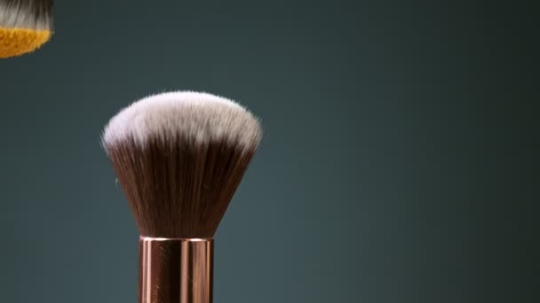 Los cepillos de maquillaje se tocan entre sí en el fondo oscuro y pequeñas partículas de cosméticos, cámara lenta. — Vídeo de stock