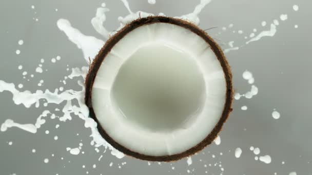 Langsame Bewegung des Wassers, das auf Kokosnuss spritzt — Stockvideo
