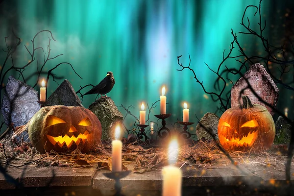 Halloween pumpkins on dark spooky forest. — Stock Photo, Image