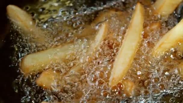 Повільний рух приготування картоплі фрі у фритюрі — стокове відео
